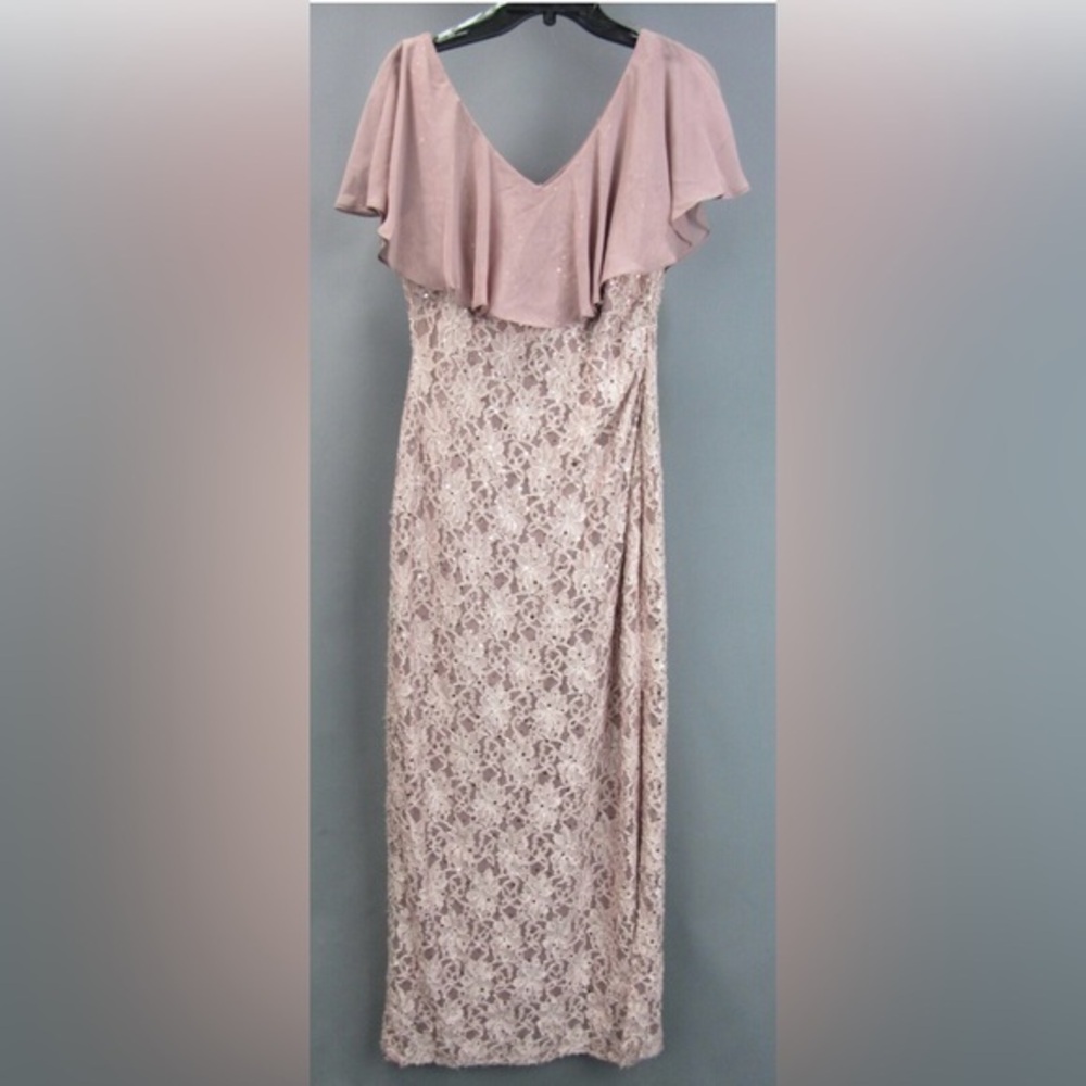 Dusty Rose Wood Connected Petite Sequin Lace Cape Gown 6P